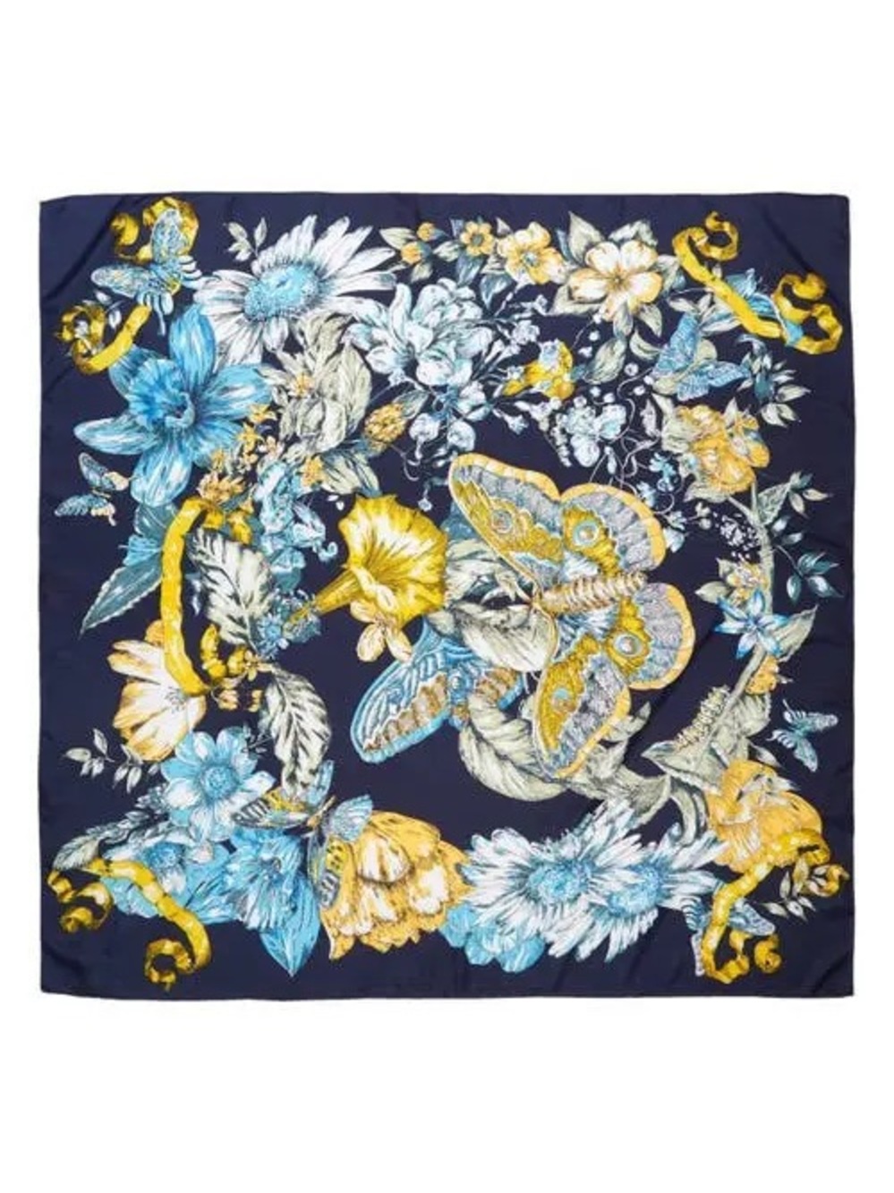 NWT Tasha Luxury Floral & Moth Print Silk Scarf in Navy, Blue & Yellow